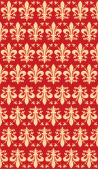A repeating damask-style pattern with pale yellow ornamental motifs on a bright red background.