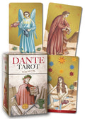 Dante Tarot deck shown with the box and two illustrated cards against a plain white background. The artwork features classical figures and gold-toned card backs, with the title 'DANTE TAROT' prominently printed on the box.