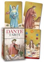 Dante Tarot deck shown with the box and two illustrated cards against a plain white background. The artwork features classical figures and gold-toned card backs, with the title 'DANTE TAROT' prominently printed on the box.