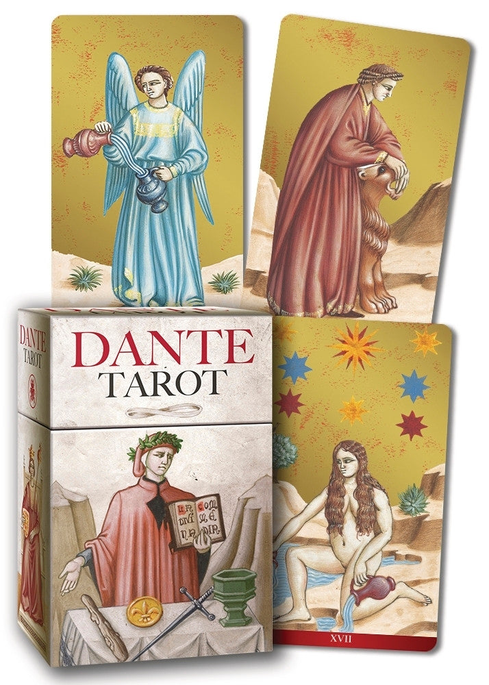 Dante Tarot deck shown with the box and two illustrated cards against a plain white background. The artwork features classical figures and gold-toned card backs, with the title 'DANTE TAROT' prominently printed on the box.