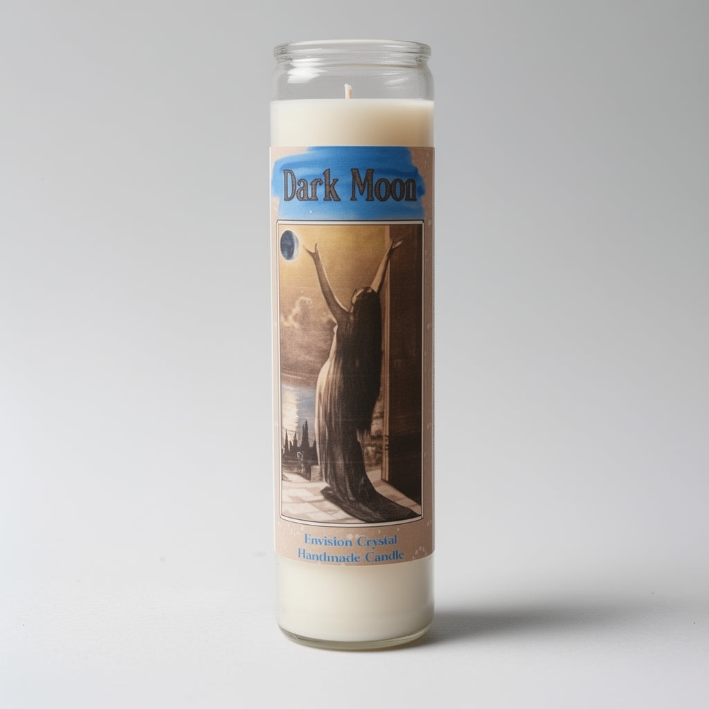 Candle with 'Dark Moon' label on a gray background