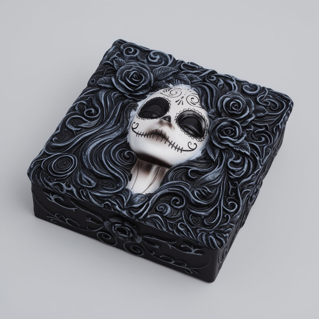 Decorative box with a skull design and floral patterns on a light gray background