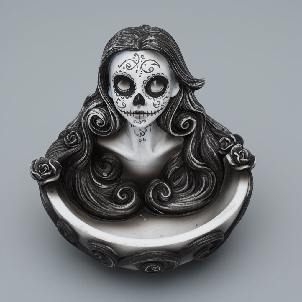 Decorative piece of a woman with a skull face design on a gray background