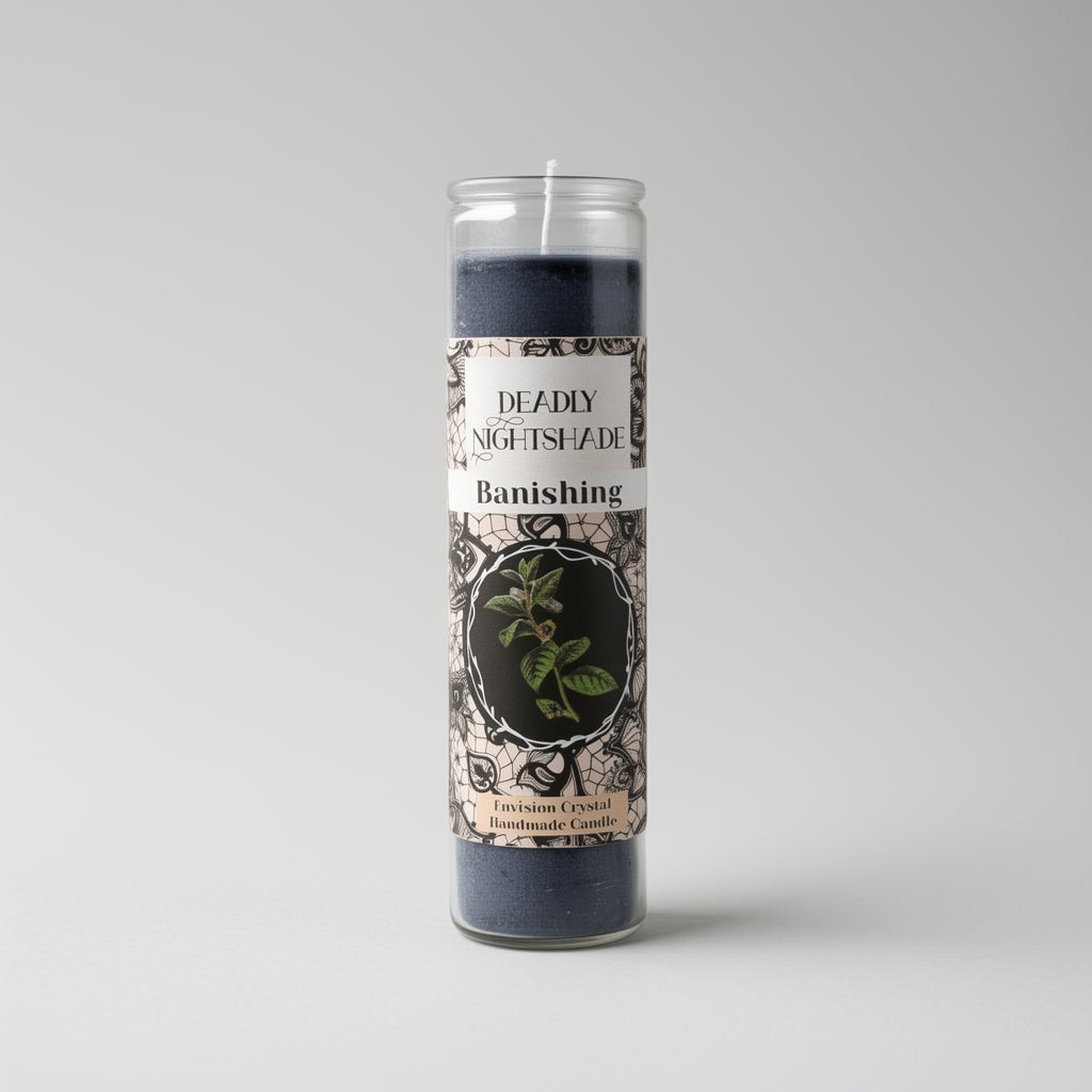 Candle with decorative label on a gray background