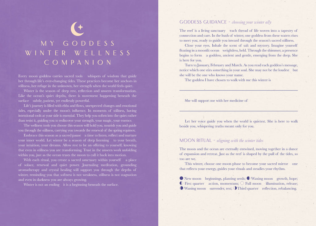 A printed companion booklet page with a lavender left column titled 'MY GODDESS WINTER WELLNESS COMPANION' and a cream right column containing text about goddess guidance, moon ritual, and seasonal reflections.