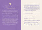A printed companion booklet page with a lavender left column titled 'MY GODDESS WINTER WELLNESS COMPANION' and a cream right column containing text about goddess guidance, moon ritual, and seasonal reflections.