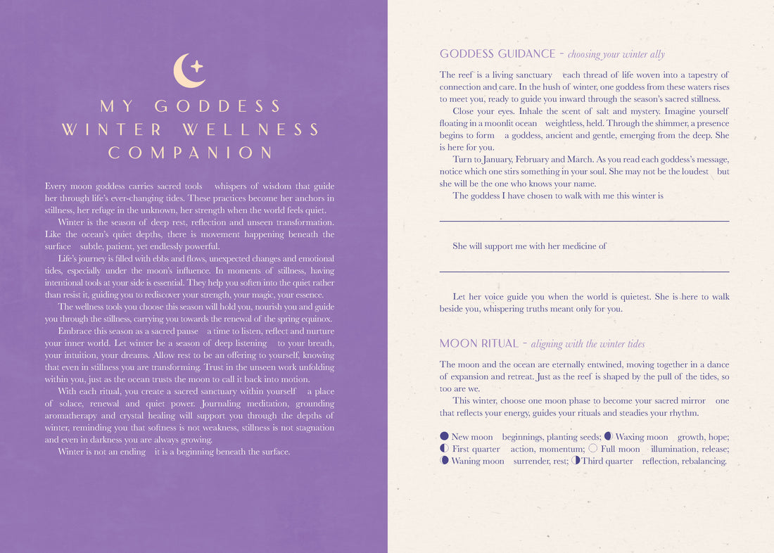 A printed companion booklet page with a lavender left column titled 'MY GODDESS WINTER WELLNESS COMPANION' and a cream right column containing text about goddess guidance, moon ritual, and seasonal reflections.