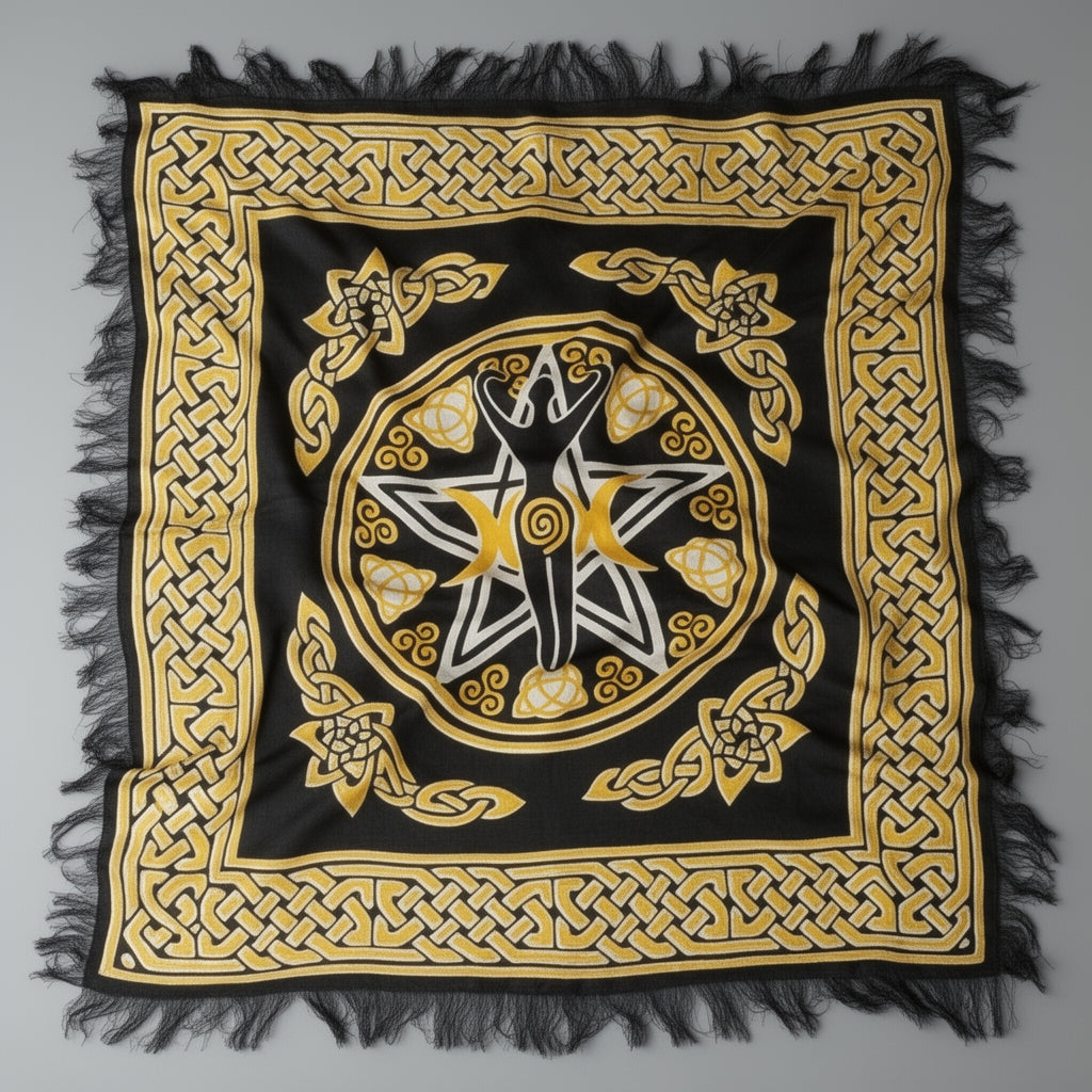 Decorative black and gold scarf with central emblem on a gray background