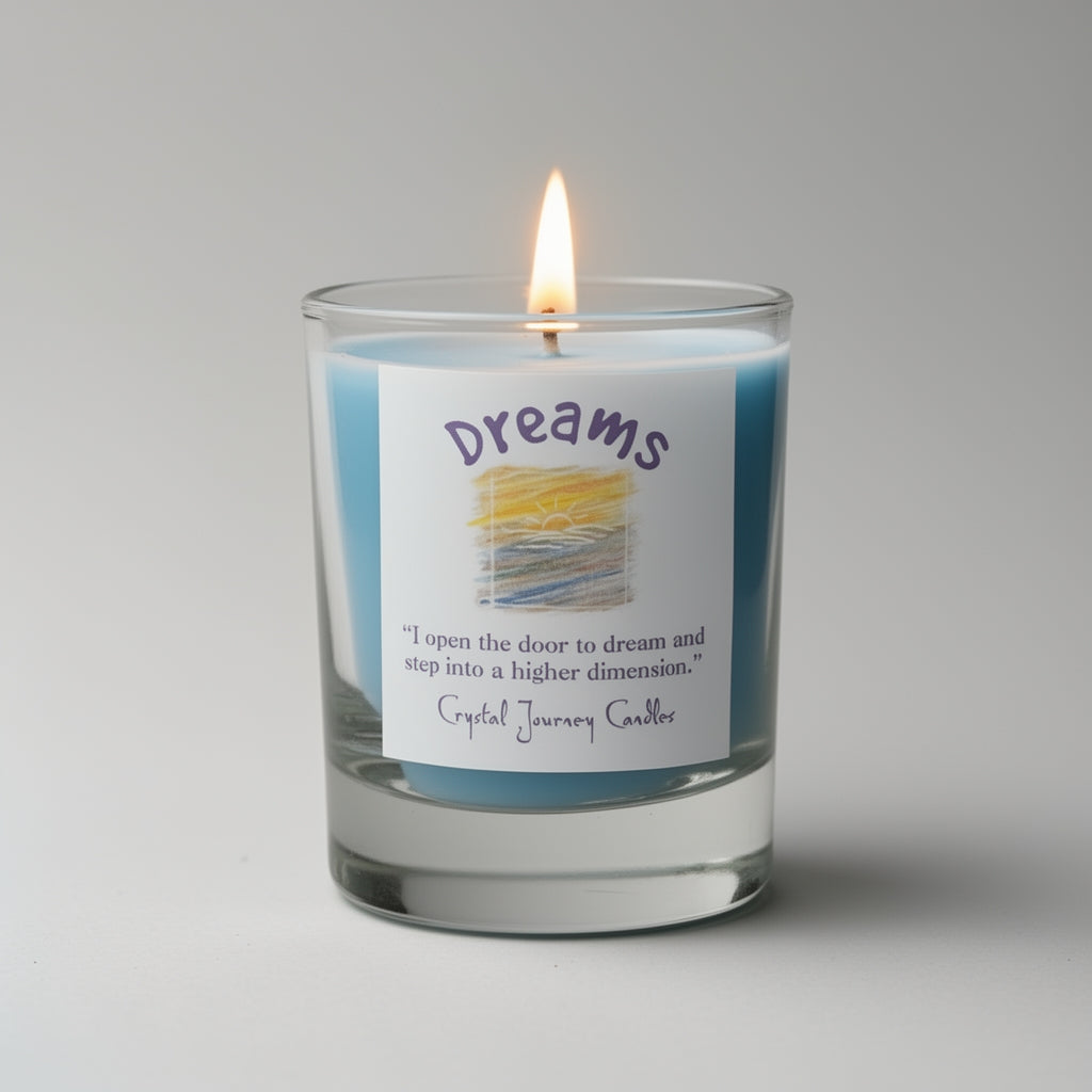 Candle in a glass jar with a label titled 'Dreams' on a gray background