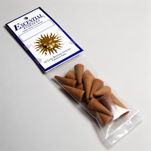 Packaged incense cones with 'Ecential Essences' label on a white background