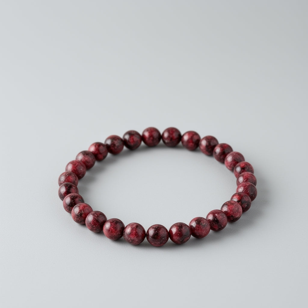 Red beaded bracelet on a light gray background