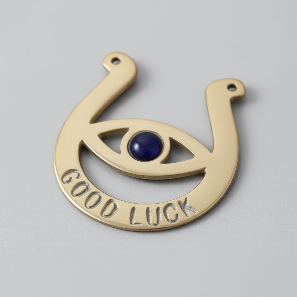 Brass good luck horseshoe with a blue stone on a gray background