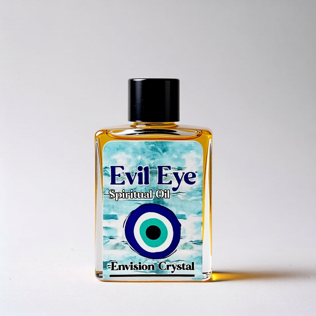 Bottle of 'Evil Eye' spiritual oil with a blue label on a white background
