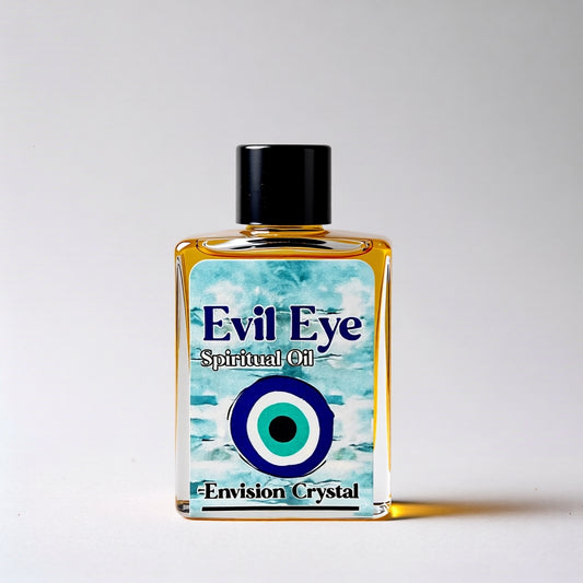 Bottle of 'Evil Eye' spiritual oil with a blue label on a white background