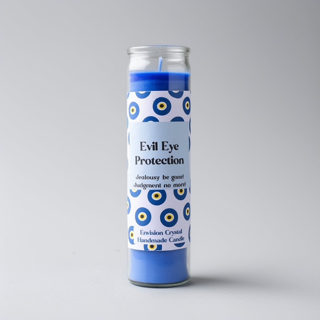Candle with 'Evil Eye Protection' label on a gray background