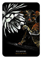 Card featuring a creature and plant with 'Pleasure' and 'Belle de Nuit' text on a black border.