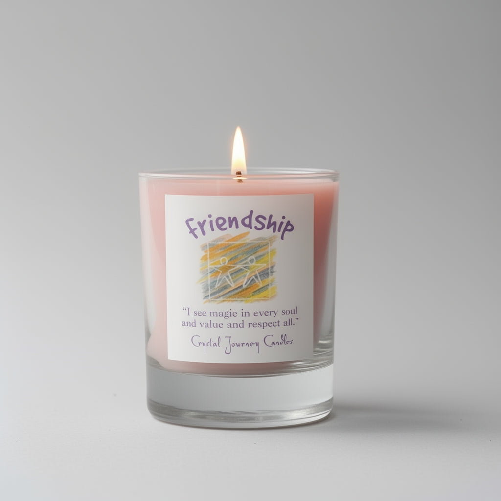 Candle with a 'Friendship' label on a gray background