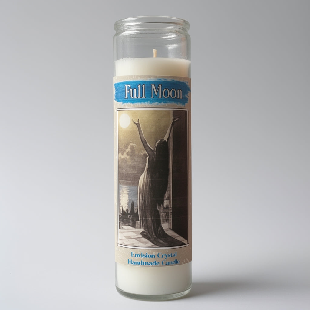 Candle with a label reading 'Full Moon' on a gray background