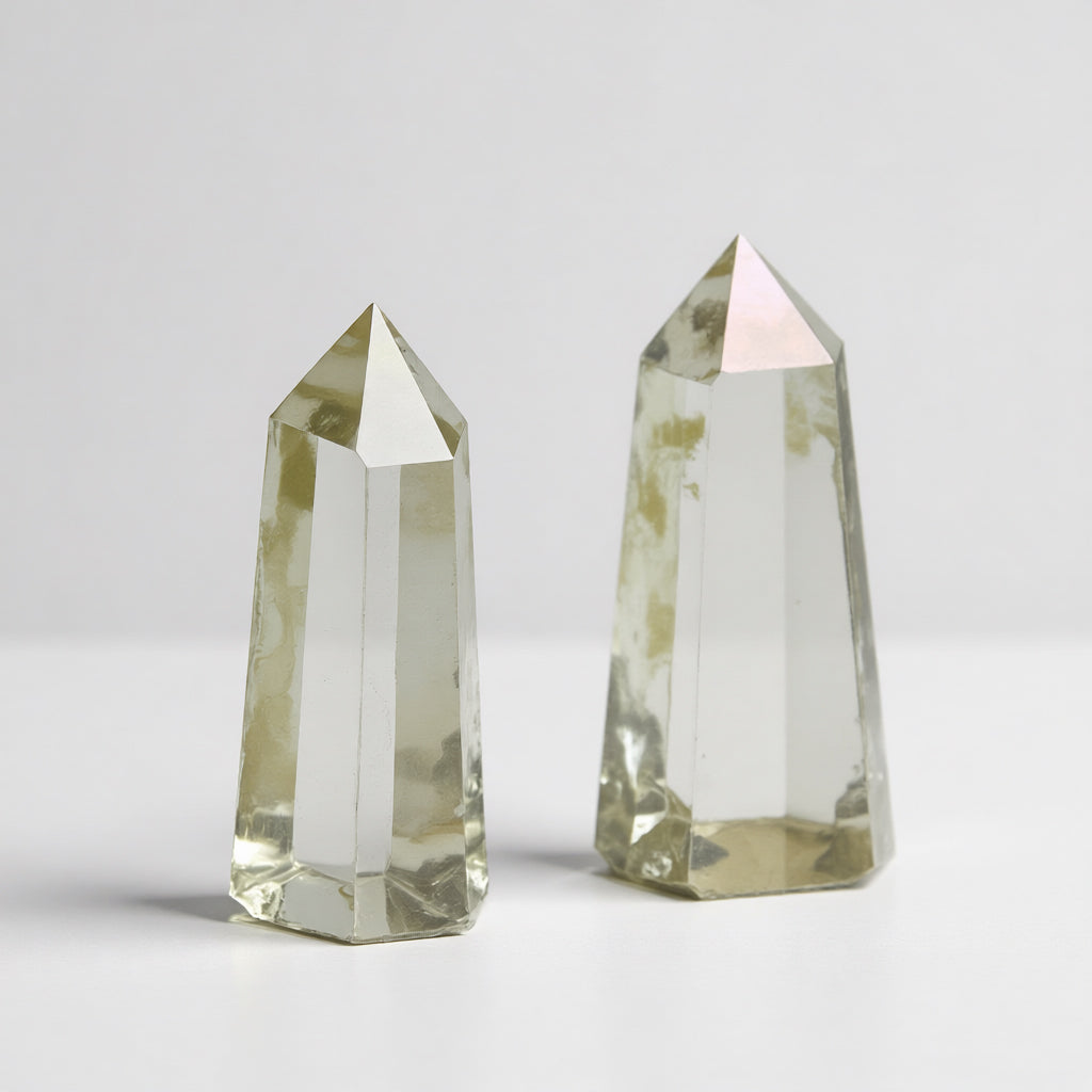 Two crystal prisms on a light gray background
