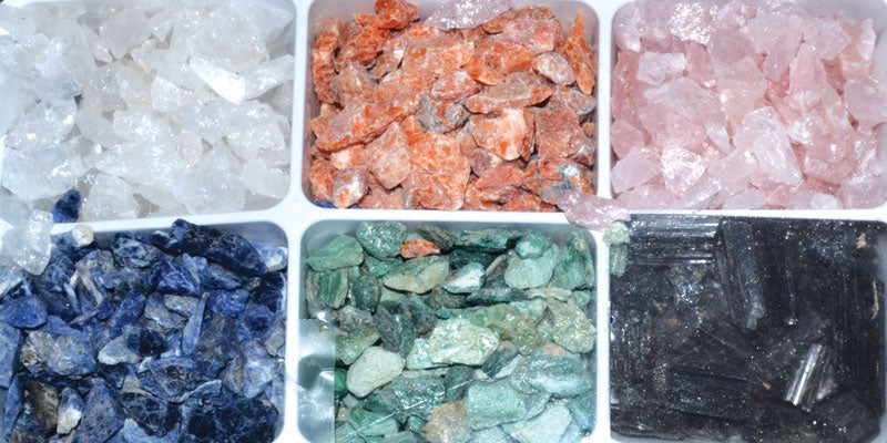 Rose Quartz, Green Quartz, Crystal, Black Tourmaline, Sodalite, and Brazil Orange Calcite