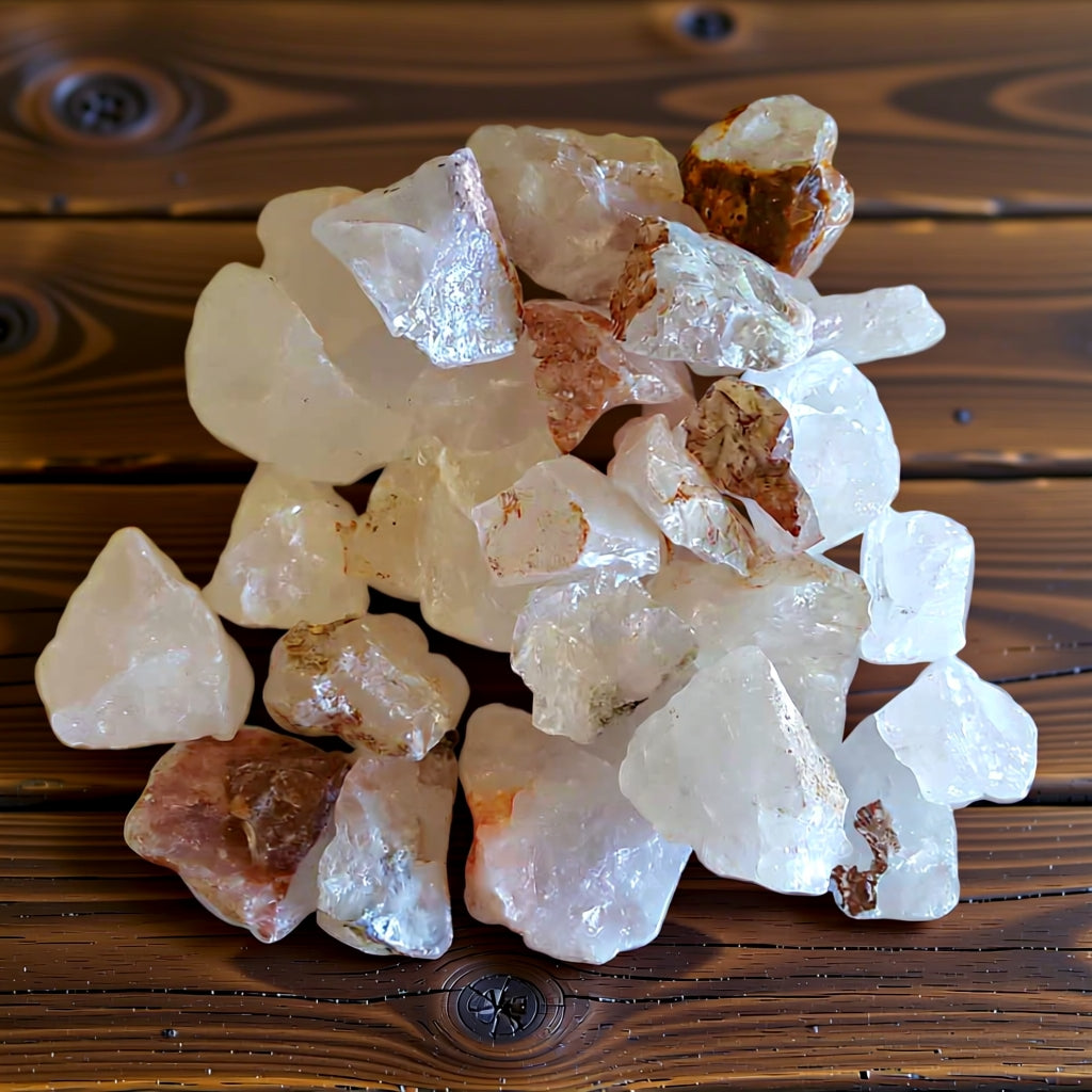 natural quartz cystals on a wooden table