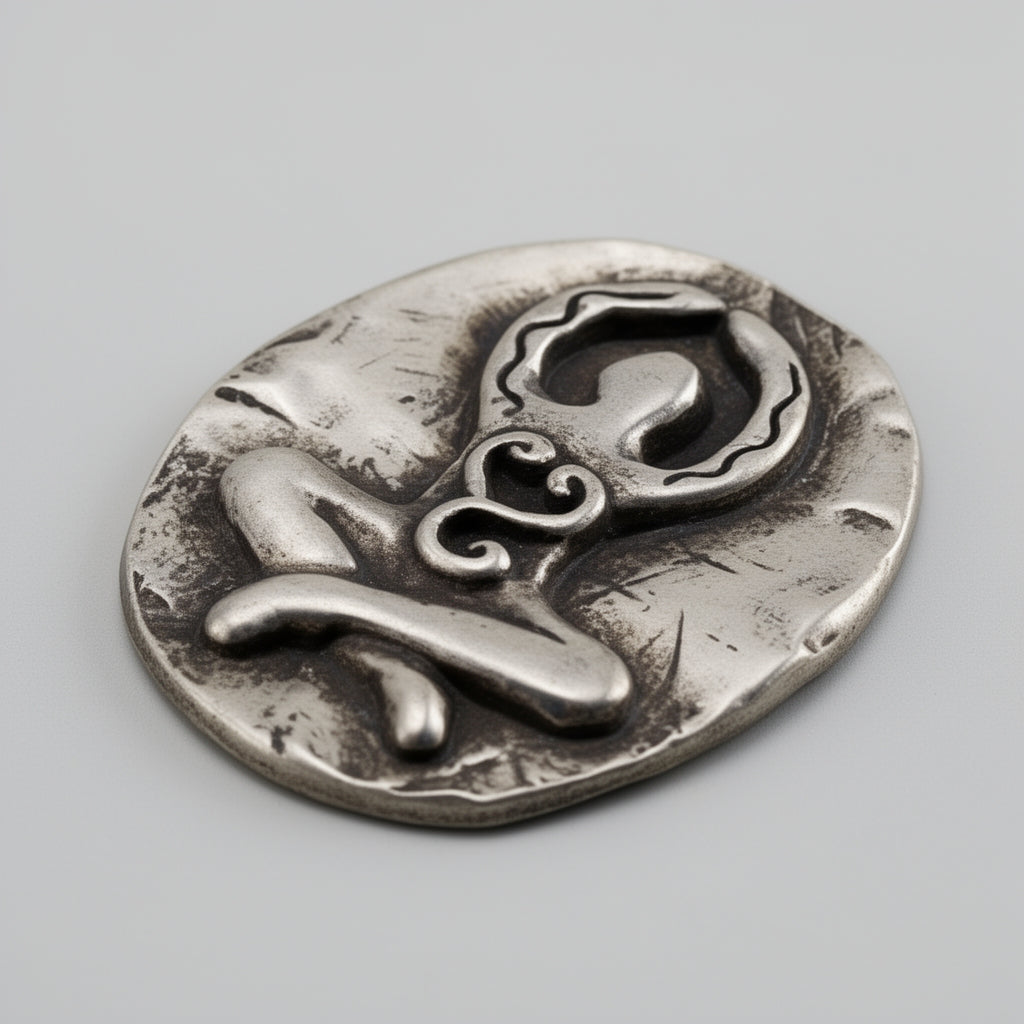 Silver decorative item with abstract design on a gray background