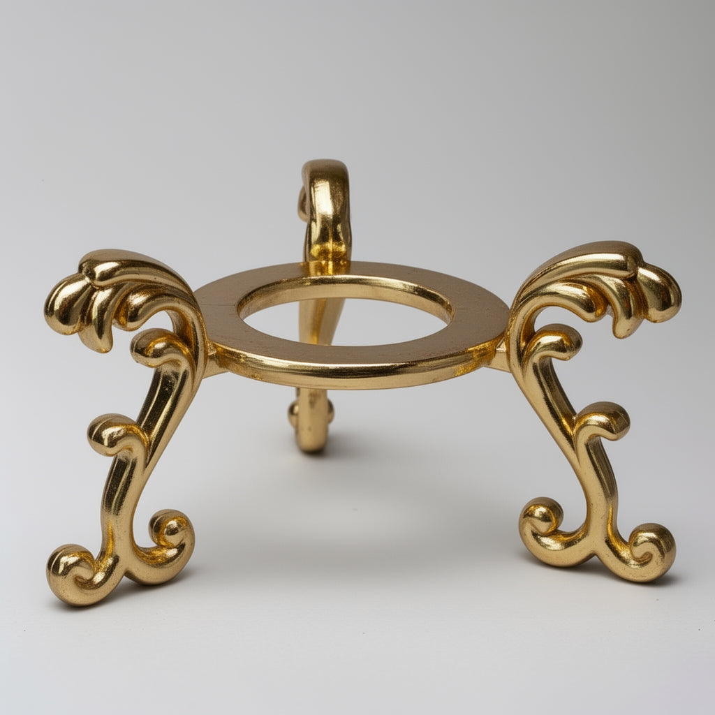 Gold decorative stand with intricate designs on a gray background