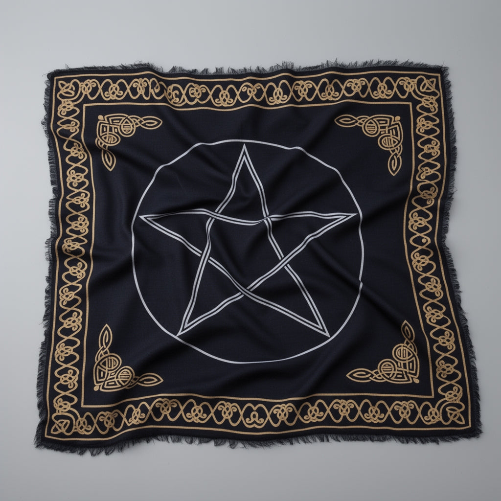 Black cloth with white pentagram design and gold border on a gray background