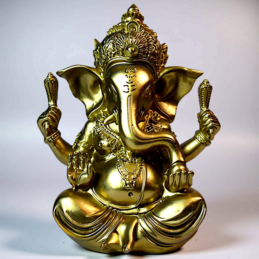 Gold-colored statue of Ganesha on a white background