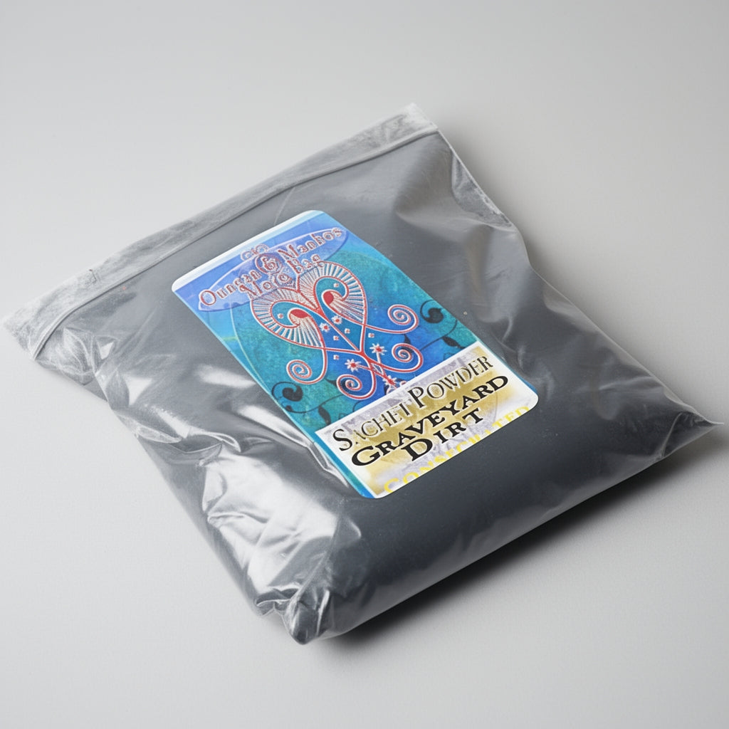 Bag of 'Graveyard Dirt' with a decorative label on a gray background