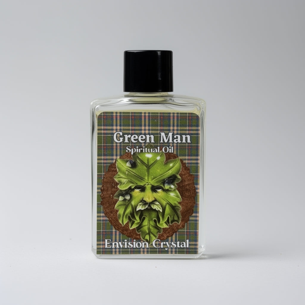 Bottle of Green Man Spiritual Oil with plaid design on a gray background