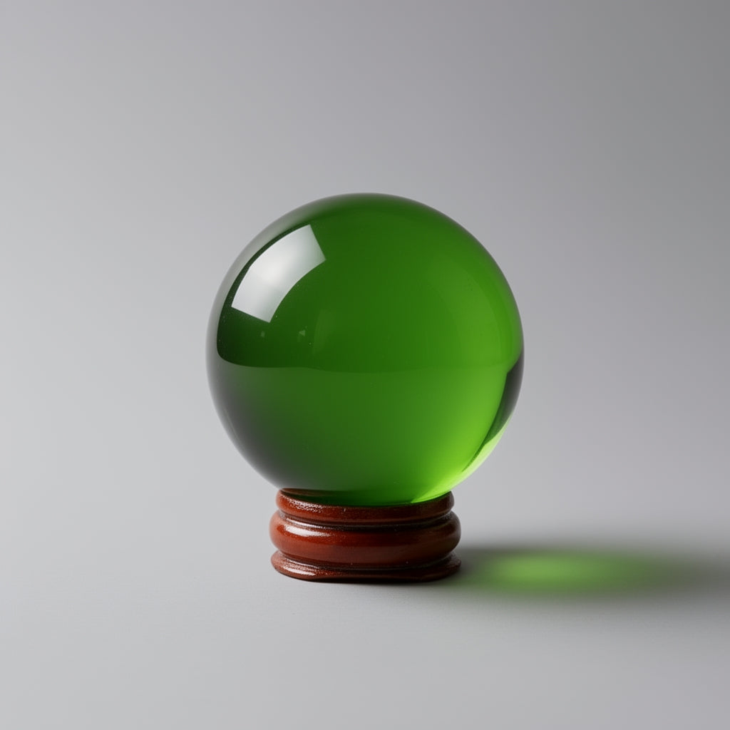 Green crystal ball on a wooden stand against a gray background