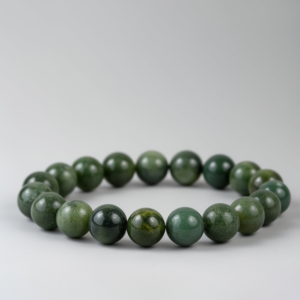 Beaded bracelet with green beads on a white background