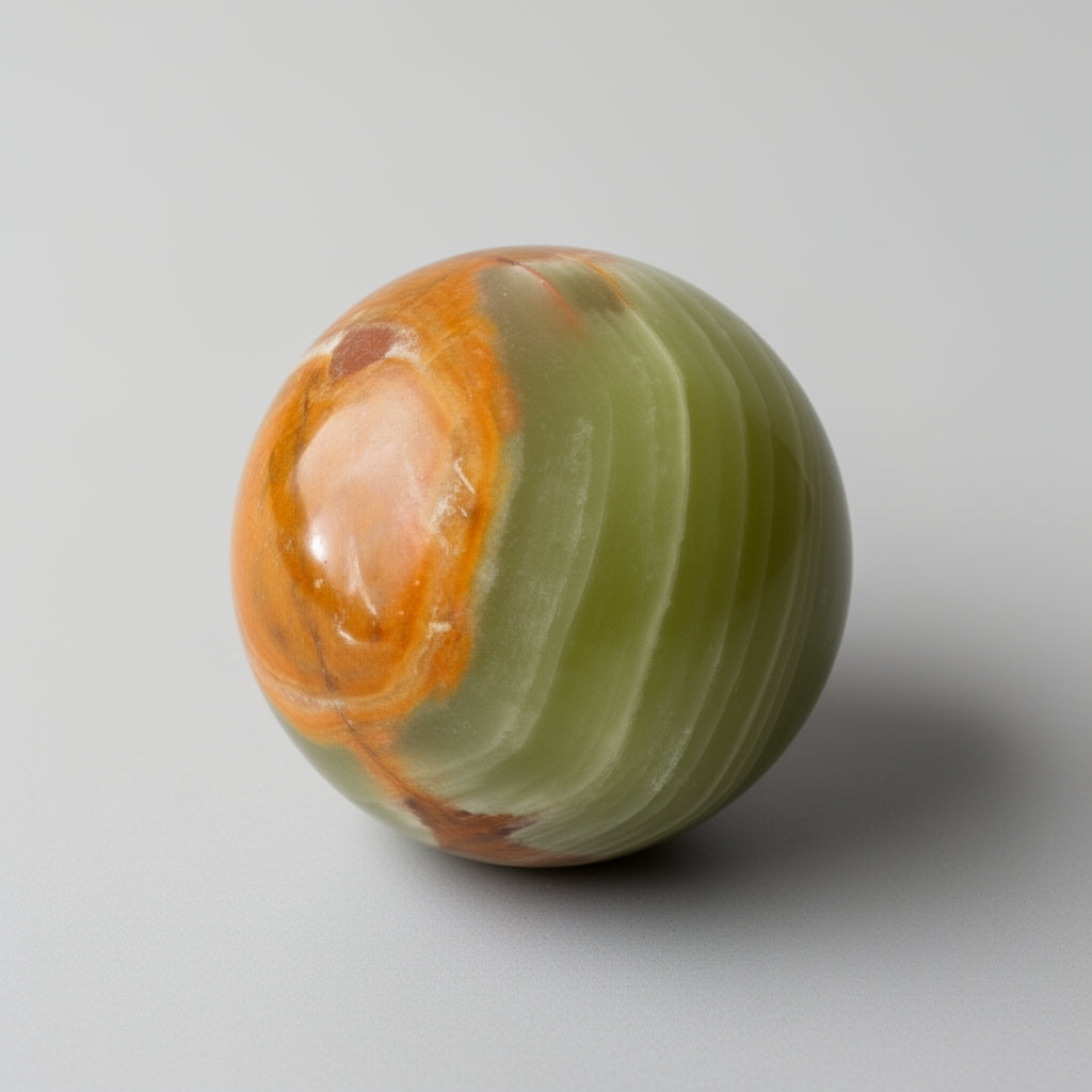 Marbled stone sphere with orange and green colors on a gray background