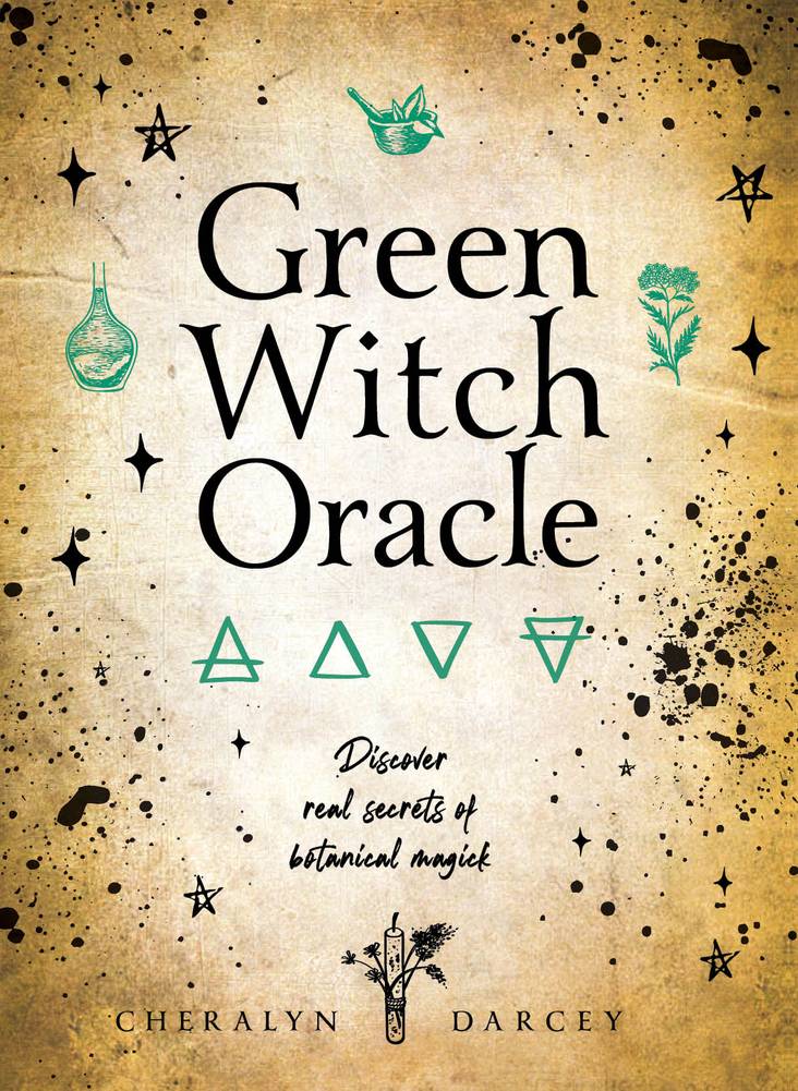 Book cover of 'Green Witch Oracle' with mystical symbols and text on a gold background