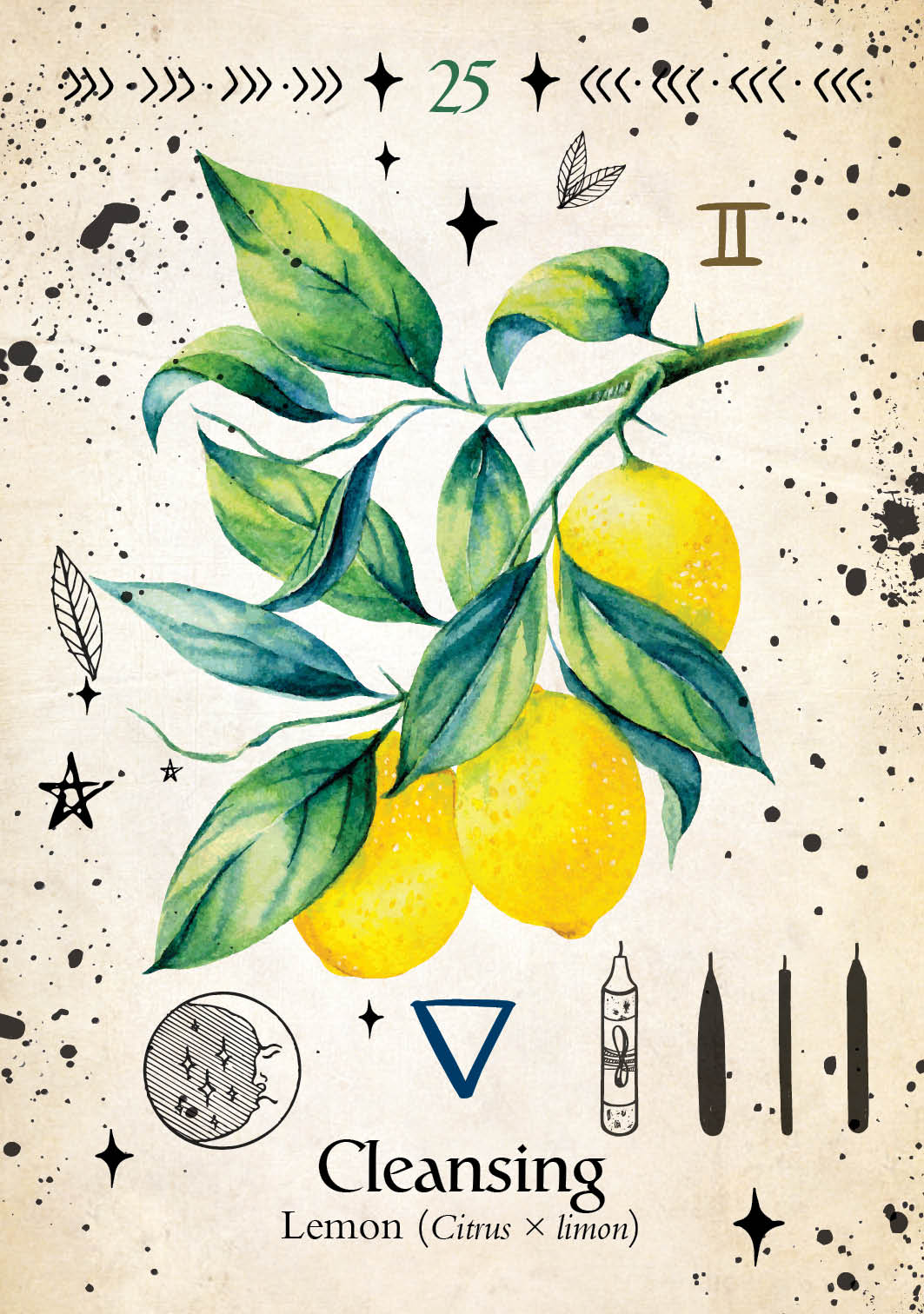 Card with lemons and leaves on a speckled background, labeled 'Cleansing'.