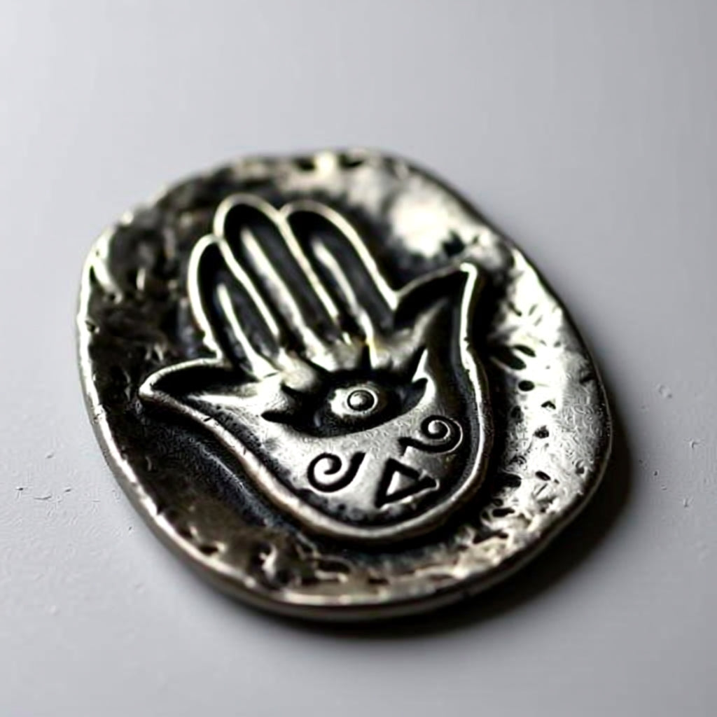 Pocket stone with Hamsa hand design on a light gray background