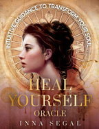 Book cover of 'Heal Yourself Oracle' by Inna Segal with a woman's profile and astrological design.