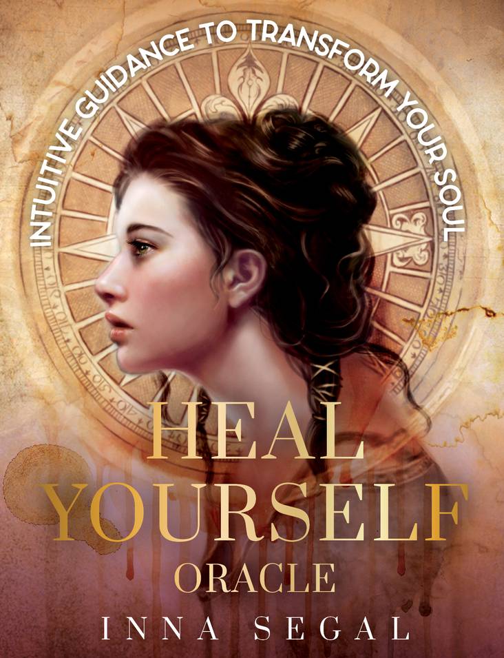 Book cover of 'Heal Yourself Oracle' by Inna Segal with a woman's profile and astrological design.