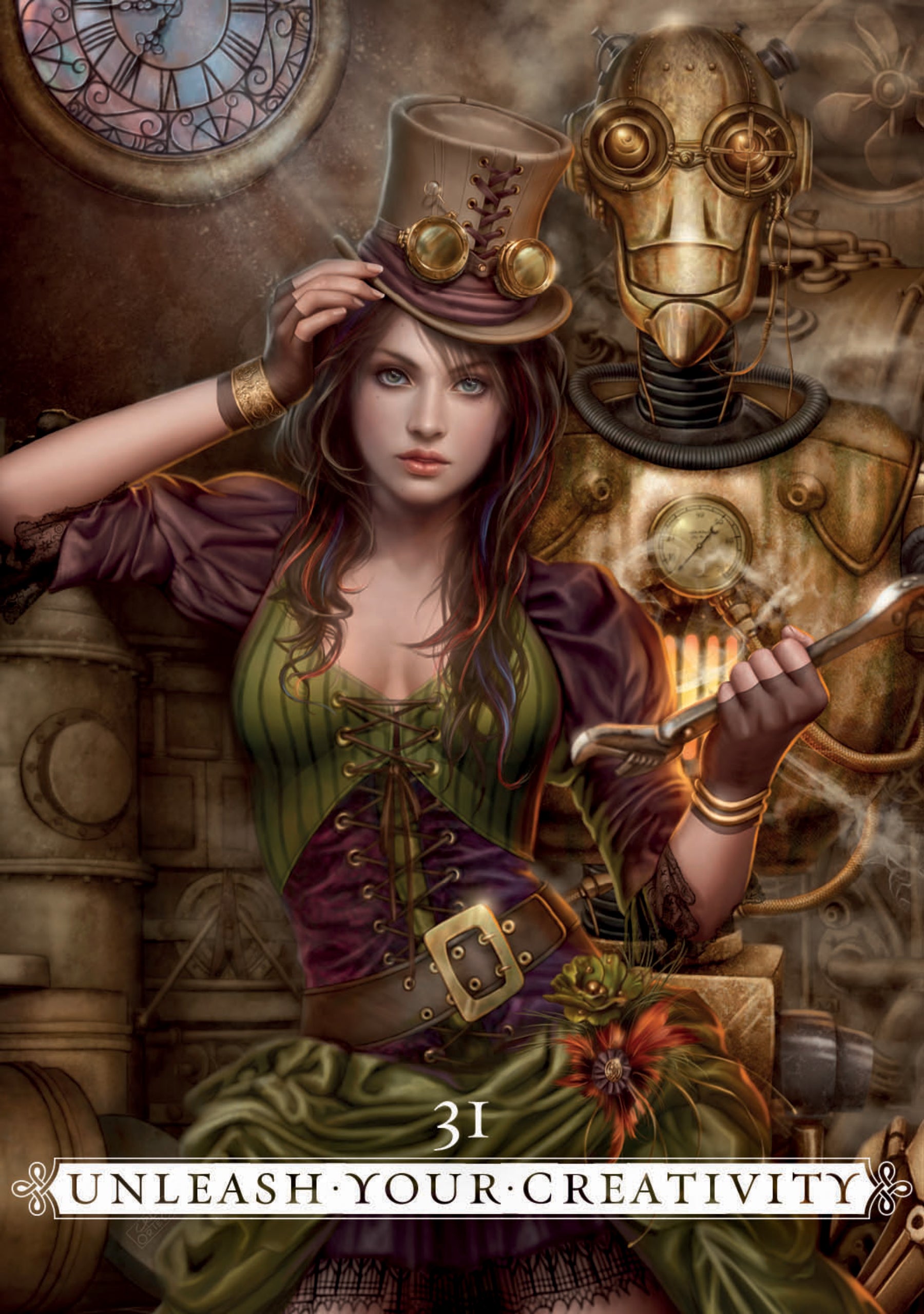 Steampunk-themed illustration of a woman and robot with decorative elements and text.