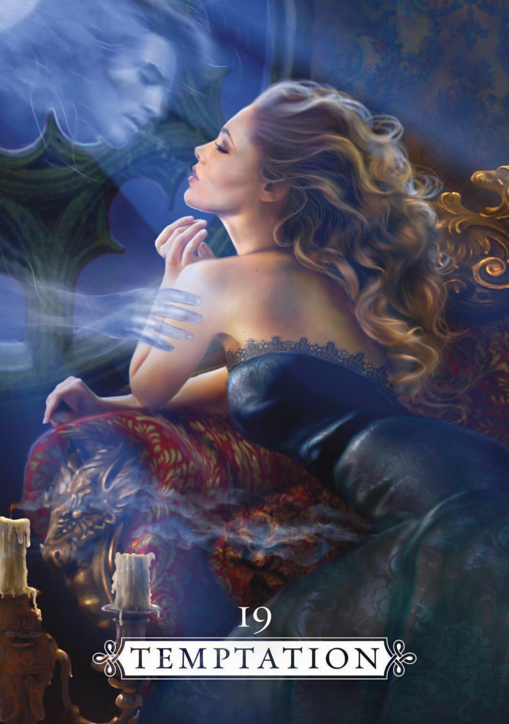 Artistic depiction of a woman in a blue dress with a dragon, labeled 'Temptation'.