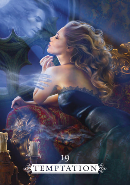 Artistic depiction of a woman in a blue dress with a dragon, labeled 'Temptation'.