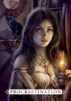 Illustration of a woman holding a lamp with a cat on a shelf in the background, labeled 'Procrastination'.