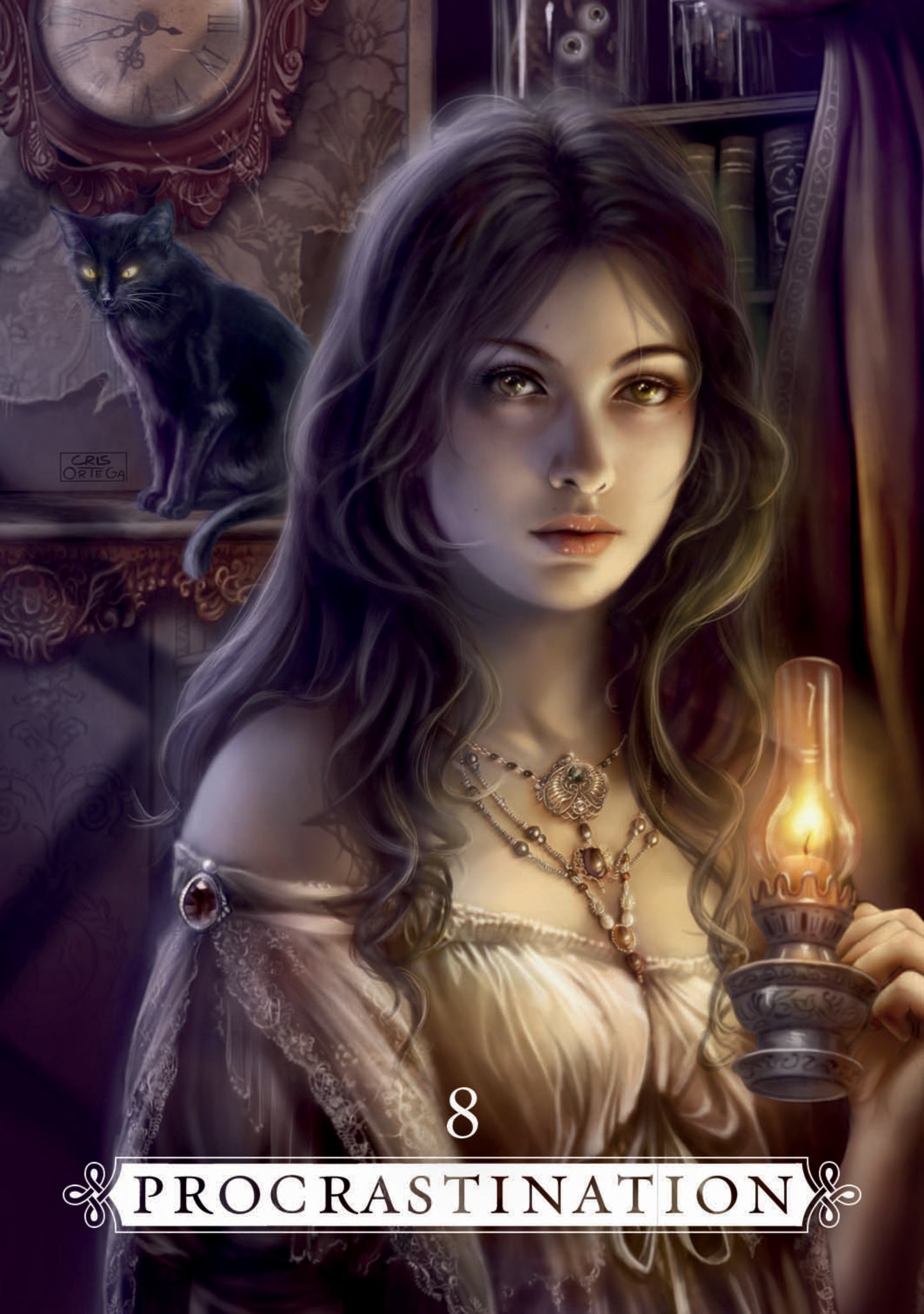 Illustration of a woman holding a lamp with a cat on a shelf in the background, labeled 'Procrastination'.