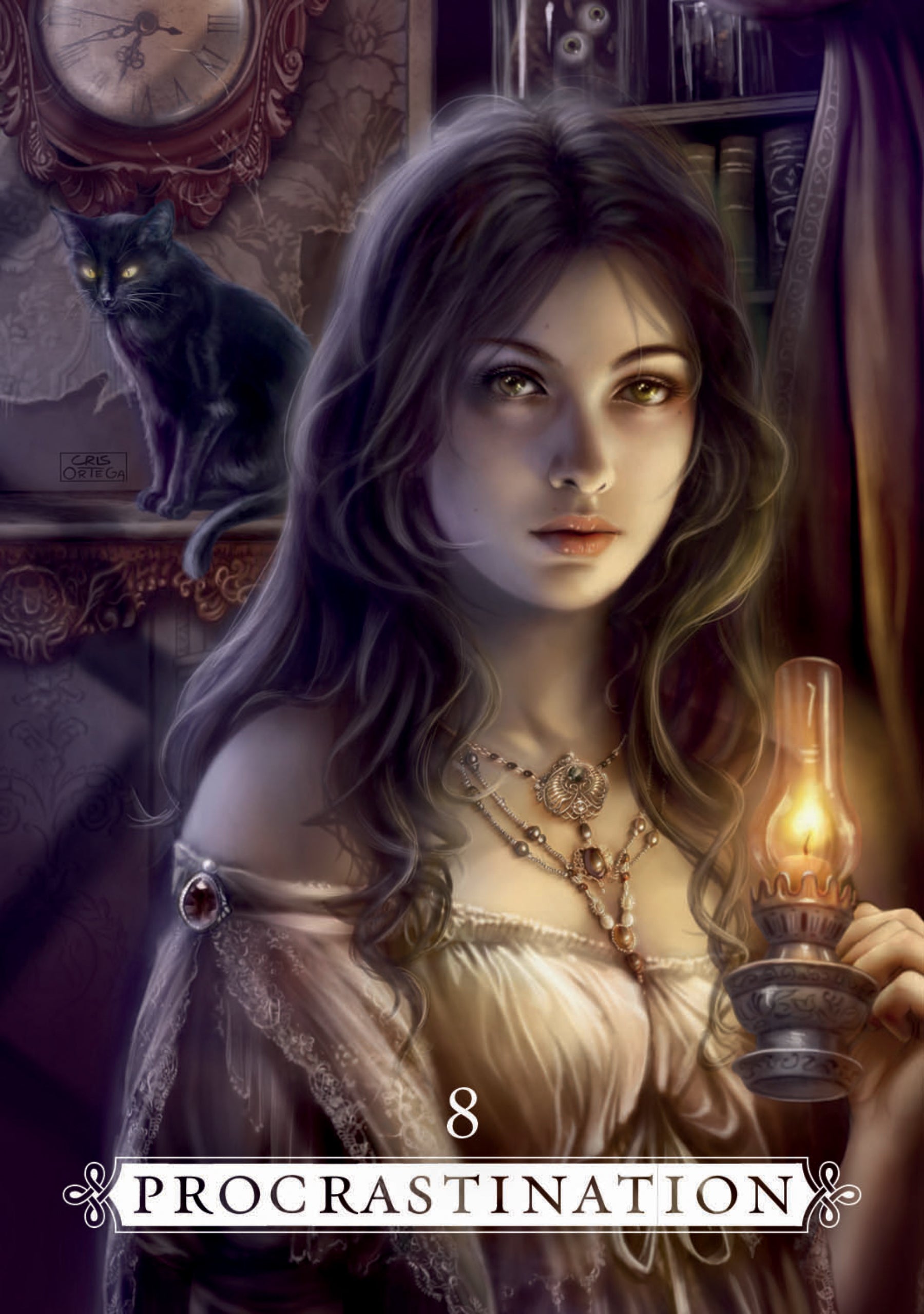 Illustration of a woman holding a lamp with a cat on a shelf in the background, labeled 'Procrastination'.