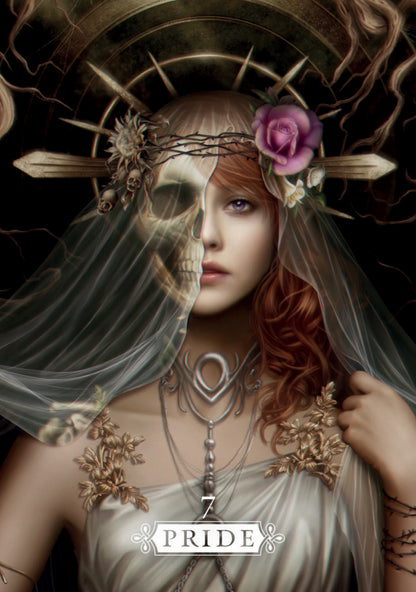 Artistic depiction of a woman with a skull and decorative elements, featuring the word 'Pride'.