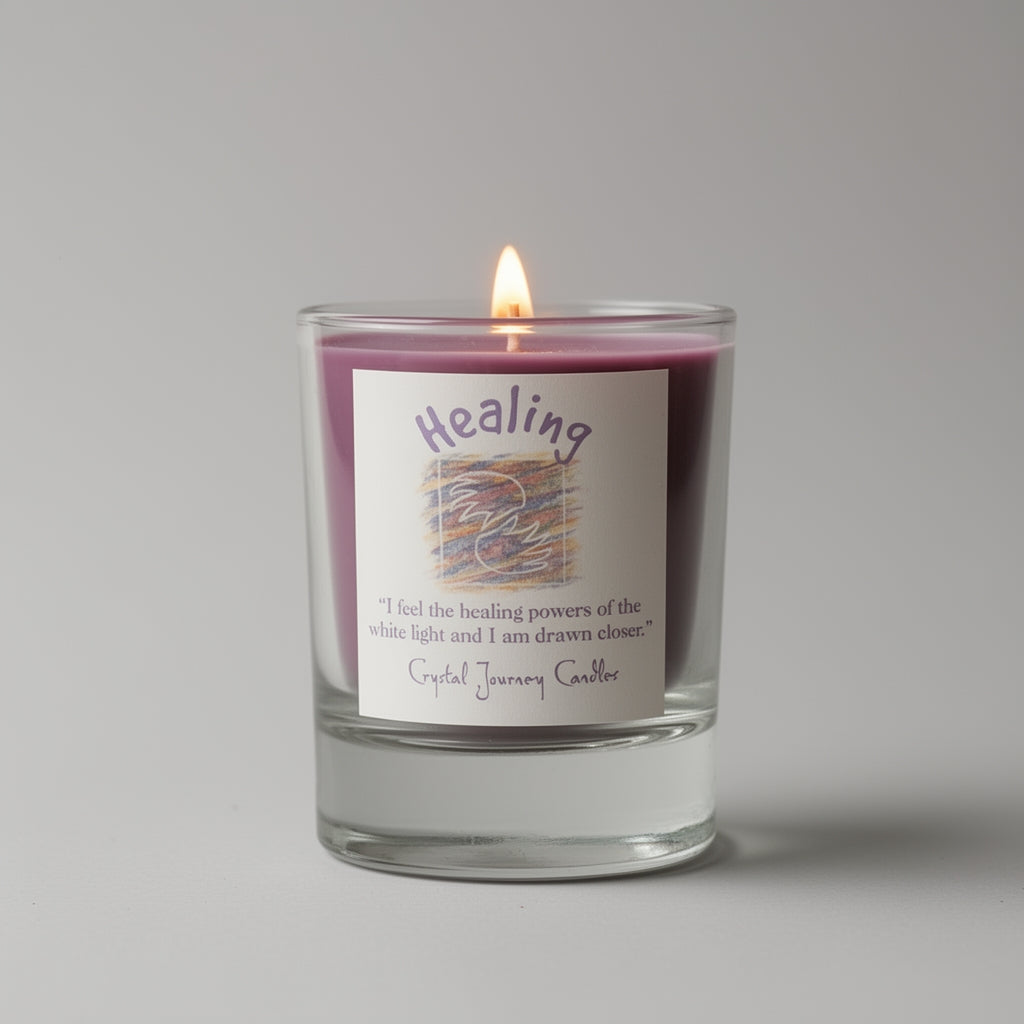 Candle with a label reading 'Healing' on a gray background