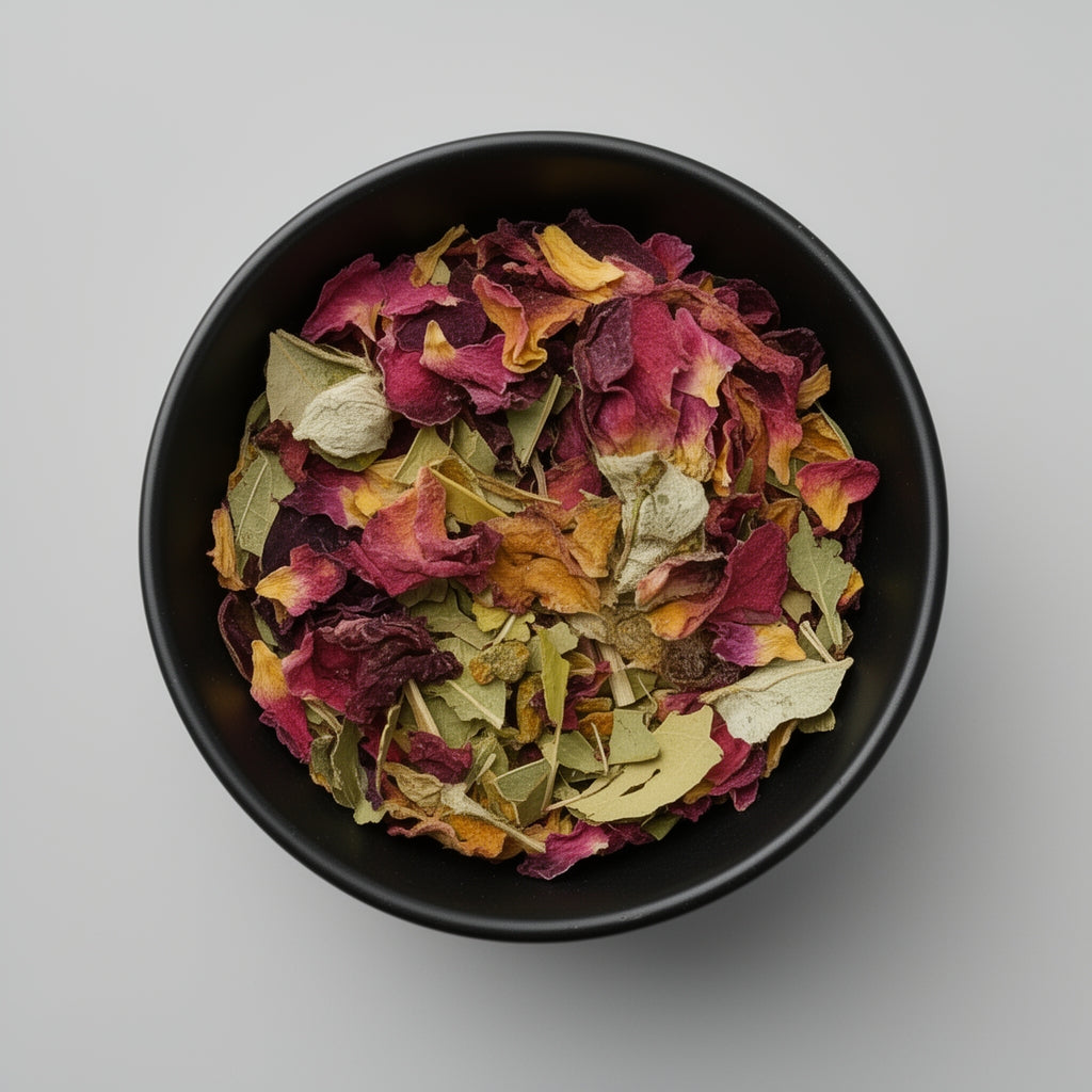 Black bowl filled with colorful dried leaves on a gray background