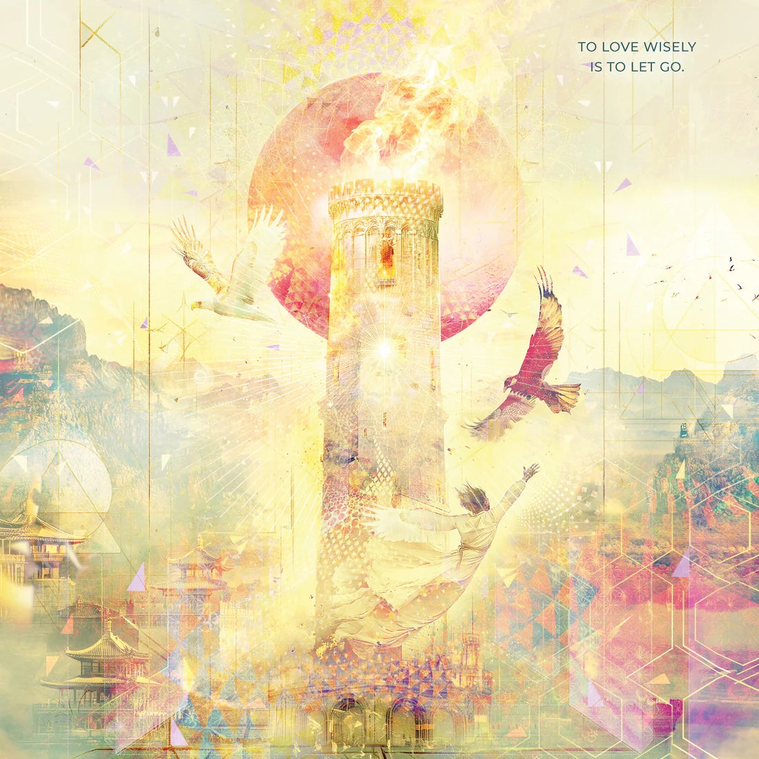 Colorful abstract design with a tower and birds, featuring an inspirational quote.