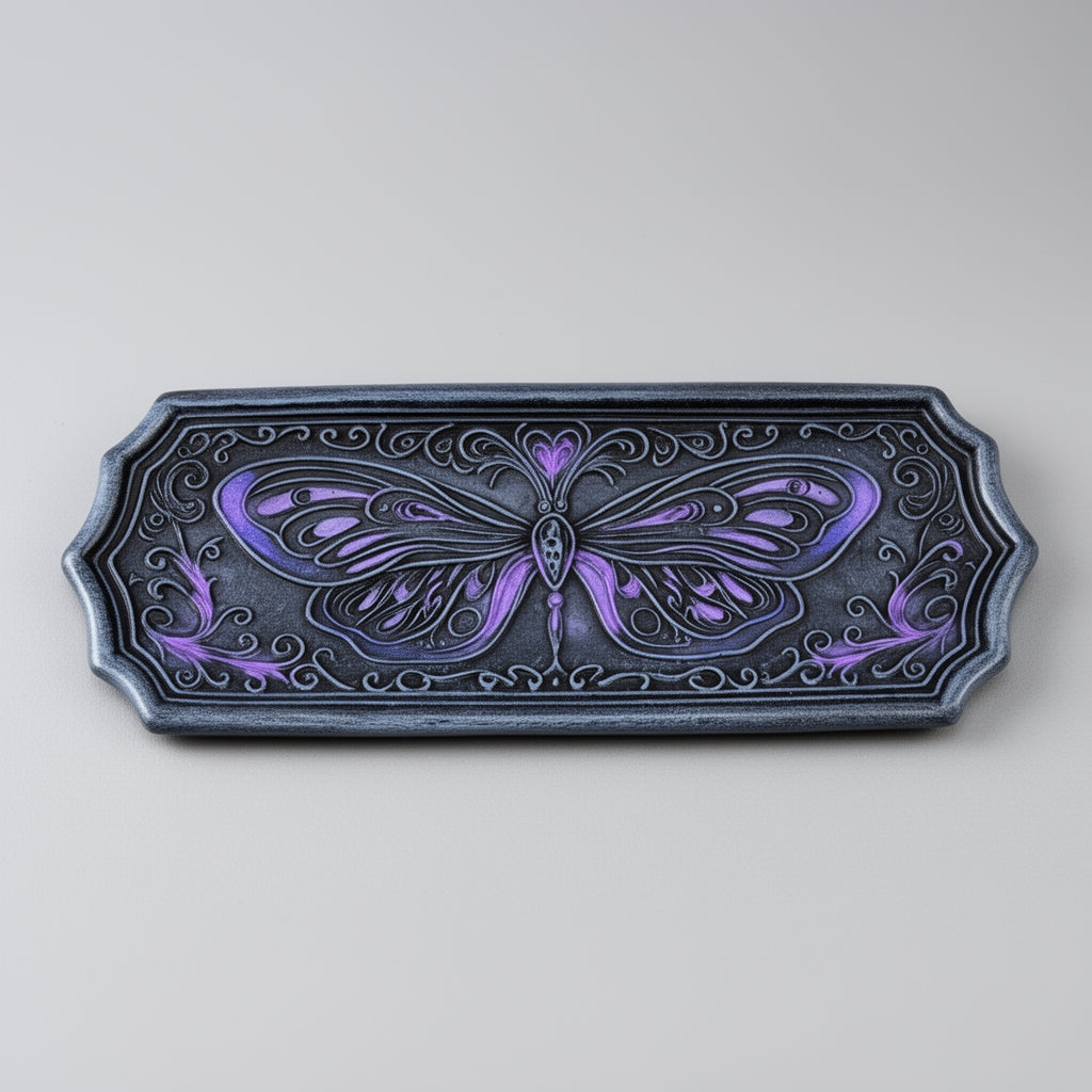 Decorative incense holder with purple butterfly design on a gray background